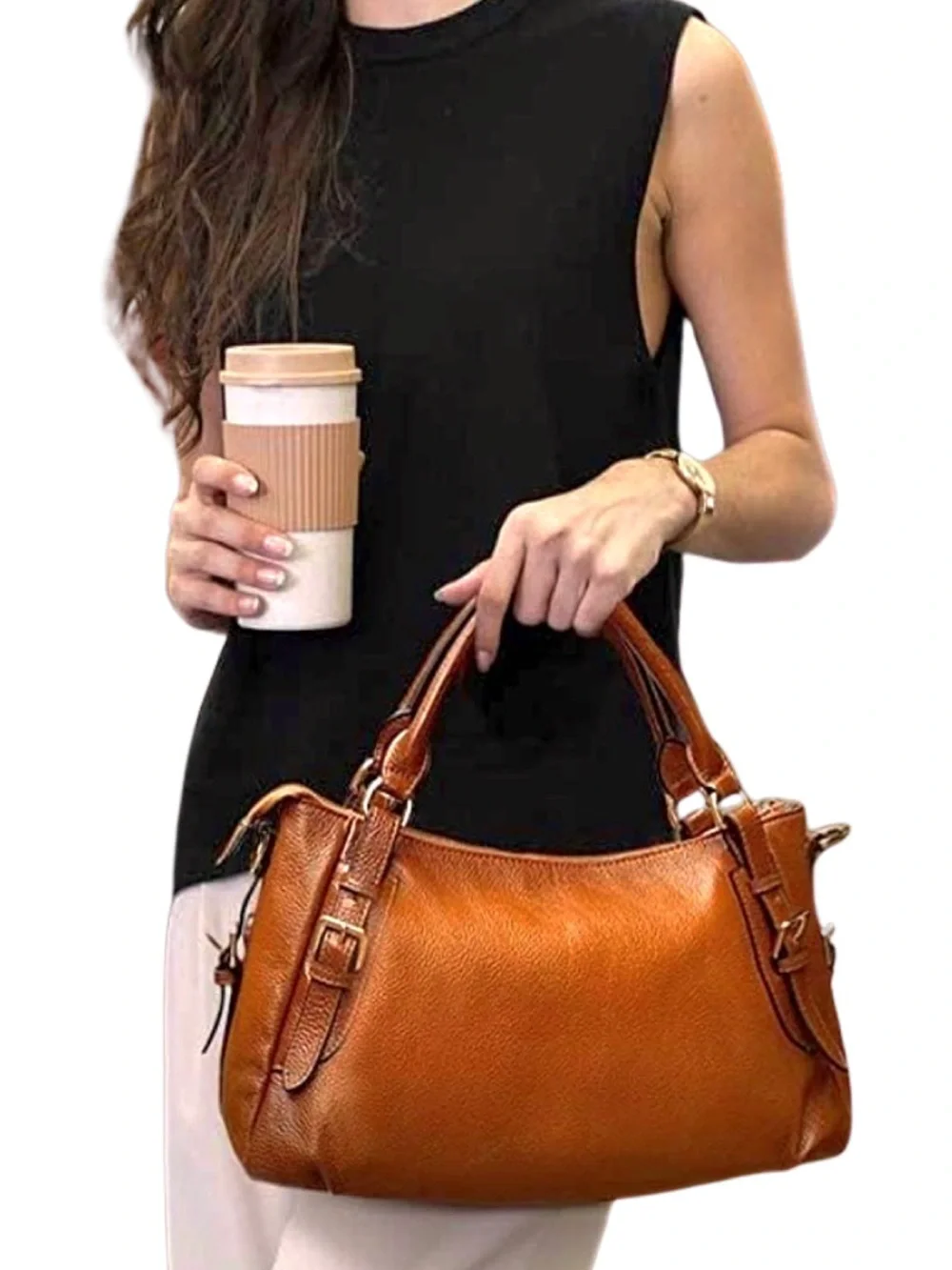KATTEE Soft Genuine Pebbled Leather Satchel‎ Purse w/ Top Handle East West Bag